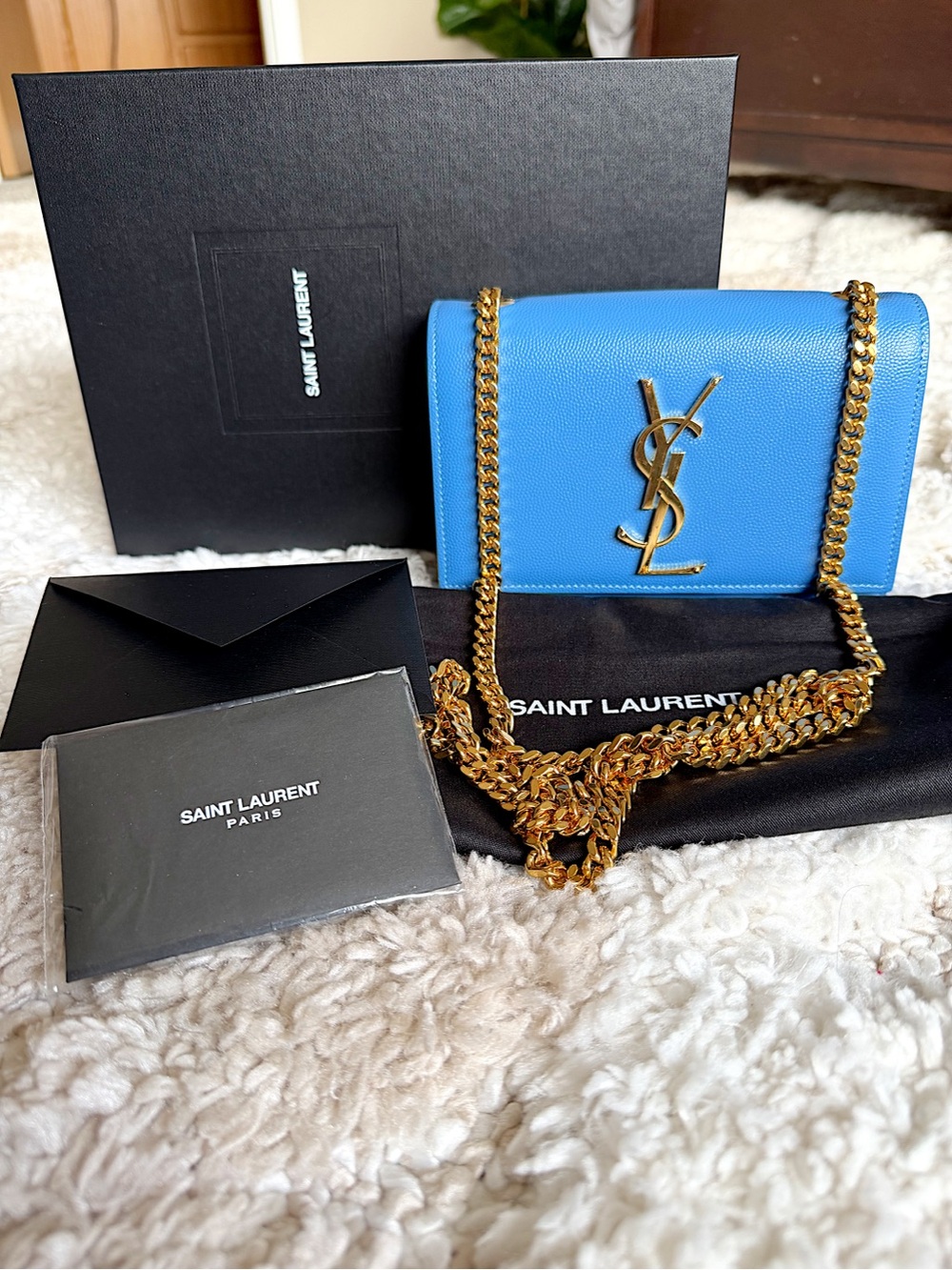 Saint Laurent YSL small Kate blue gold chain flap bag crossbody shoulder bag
